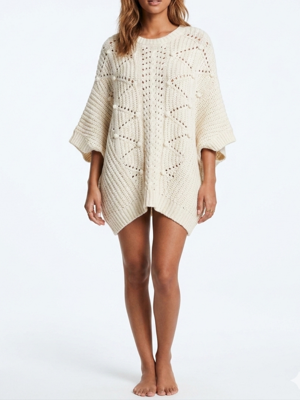Victorias Secret Chunky Knit Boho Long Cream Poncho Sweater Fisherman 235
